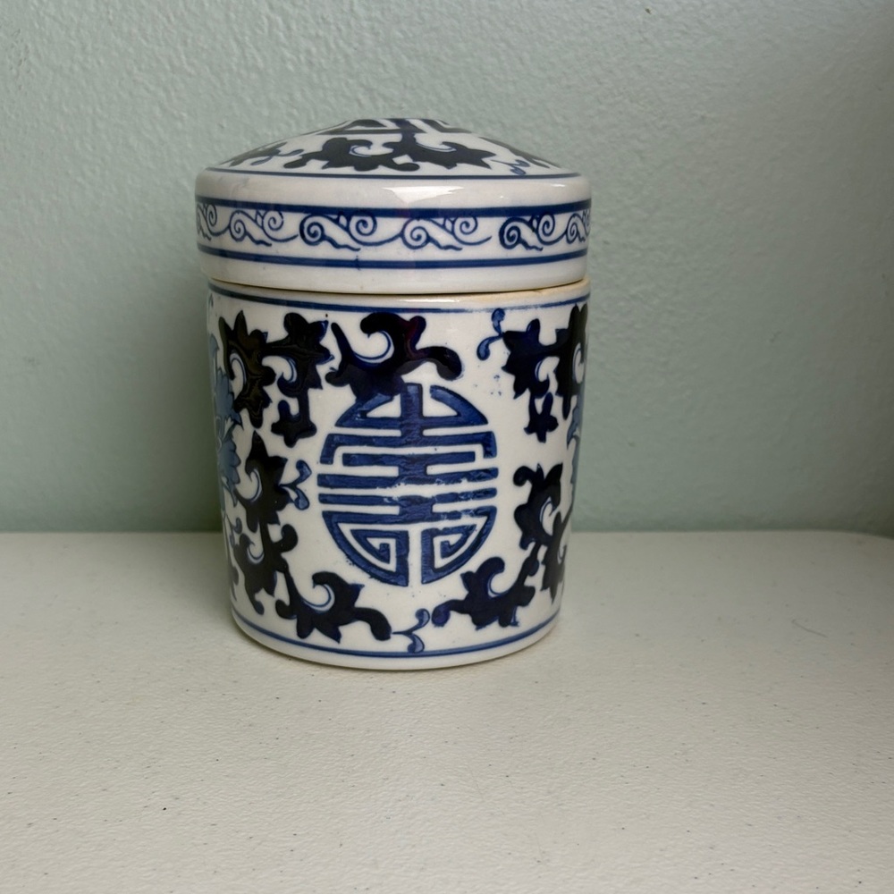 A&B Home Aline Blue and White Ceramic Lidded Jar featuring Chinoserie Decor